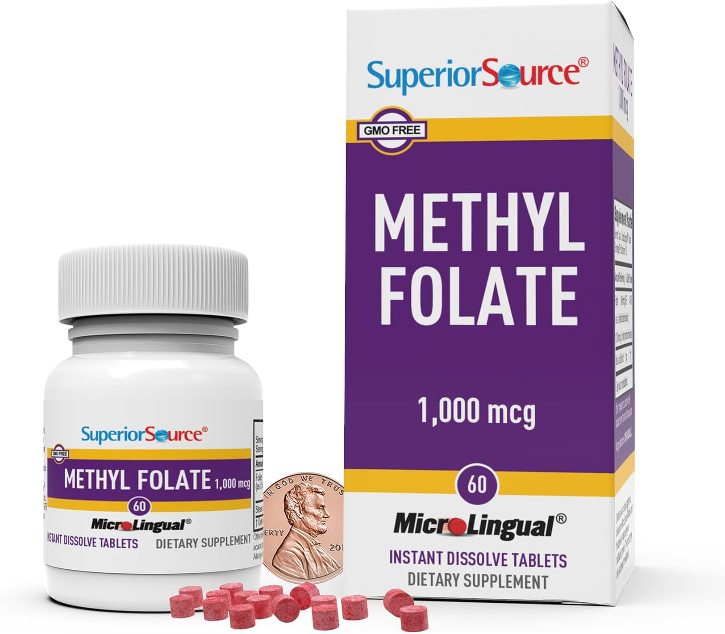 Biologically Active Methylfolate 5-MTHF 1000mcg Tablets, 60 Ct - Cardiovascular & Energy Support, Prenatal - Non-GMO, Quick Dissolve