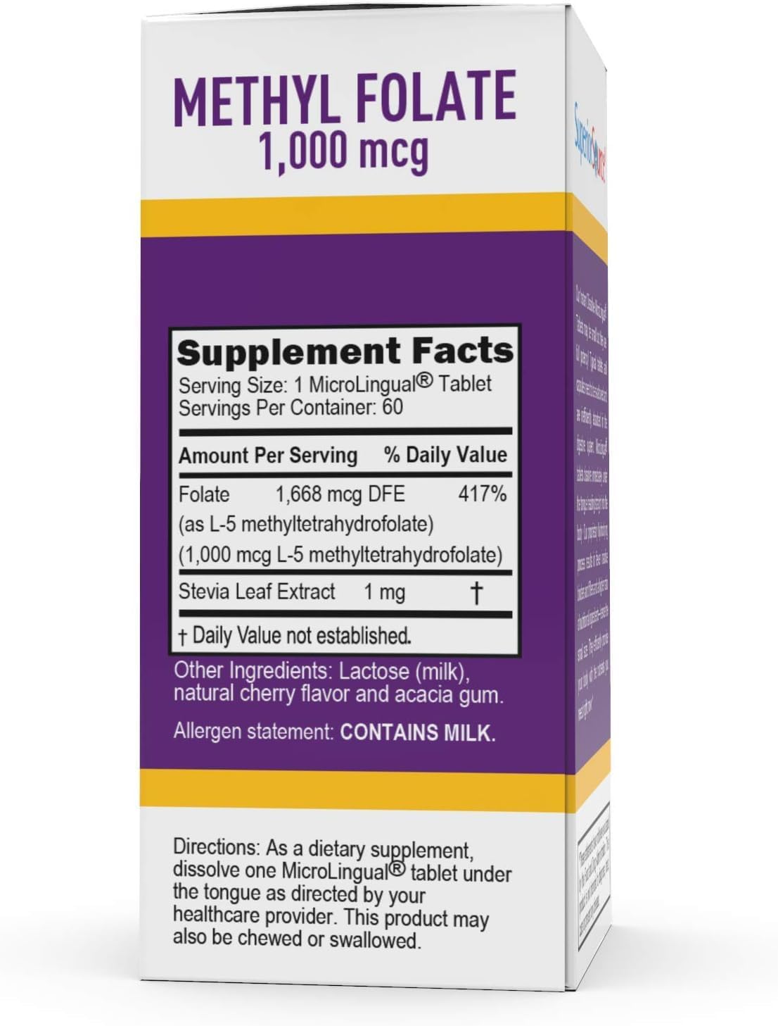 Biologically Active Methylfolate 5-MTHF 1000mcg Tablets, 60 Ct - Cardiovascular & Energy Support, Prenatal - Non-GMO, Quick Dissolve