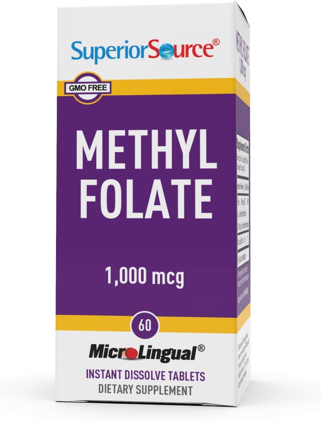 Biologically Active Methylfolate 5-MTHF 1000mcg Tablets, 60 Ct - Cardiovascular & Energy Support, Prenatal - Non-GMO, Quick Dissolve