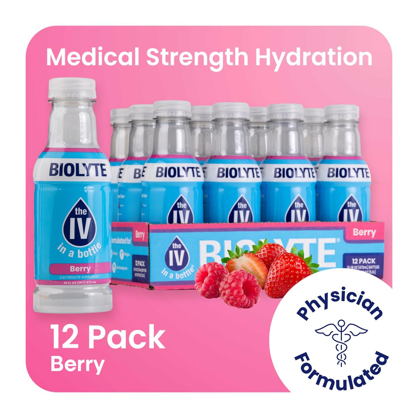 BIOLYTE Electrolyte Drink - Berry Flavored Hydration Beverage with Electrolytes for Energy & Rehydration - 16 Fl Oz (12 Pack)