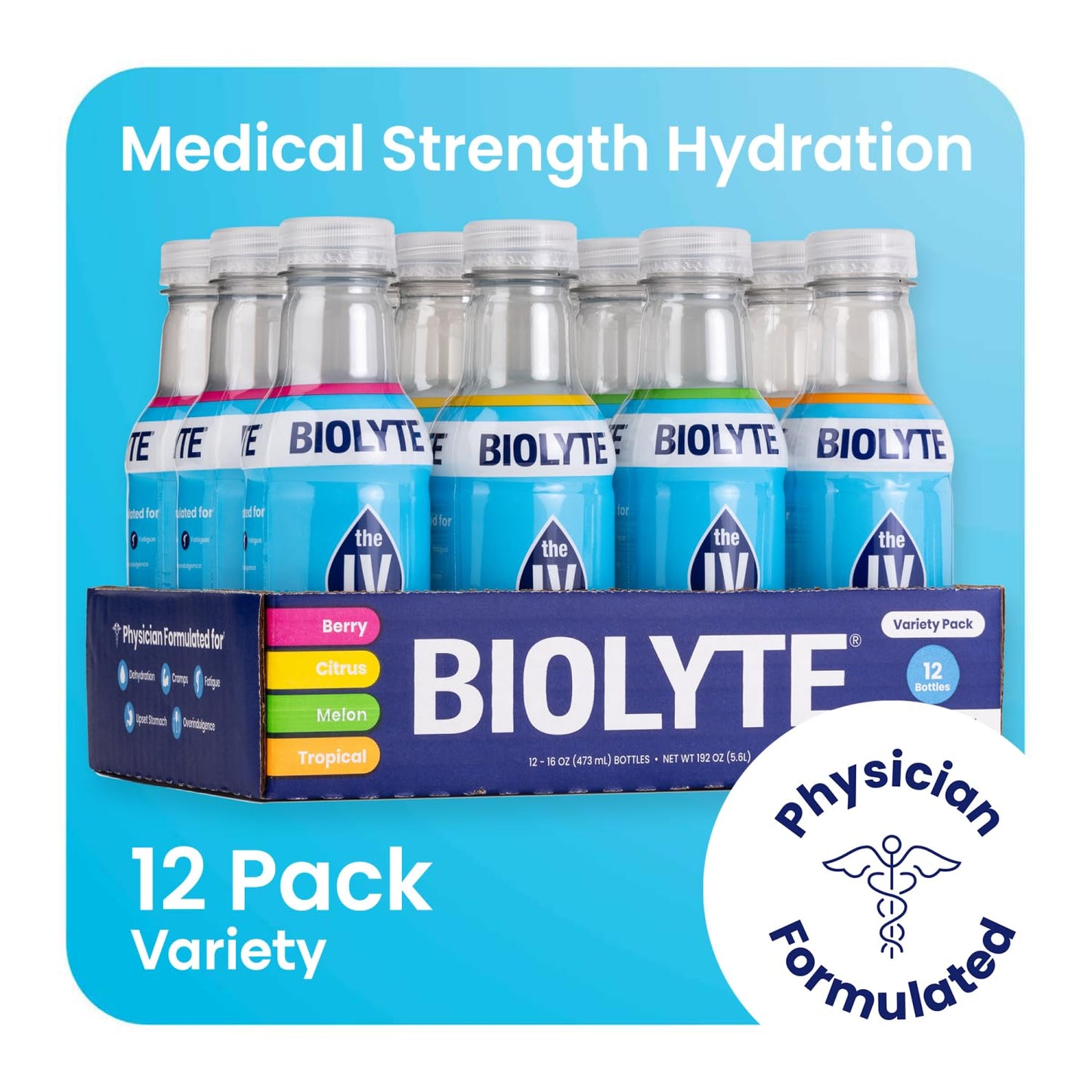 BIOLYTE Electrolyte Drink Variety Pack - Hydration and Rehydration, Flavored Water with Electrolytes for Energy - 16 Fl Oz (12 Pack)