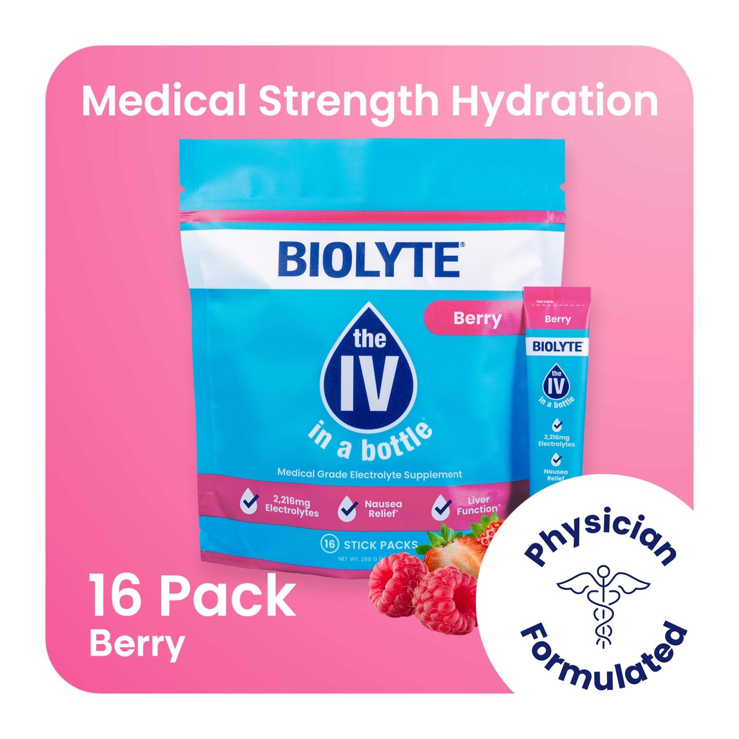 BIOLYTE IV Hydration Packets - Electrolyte Powder Mix for Dehydration Relief, Doctor-Developed Berry Drink Sticks (16 Pack)