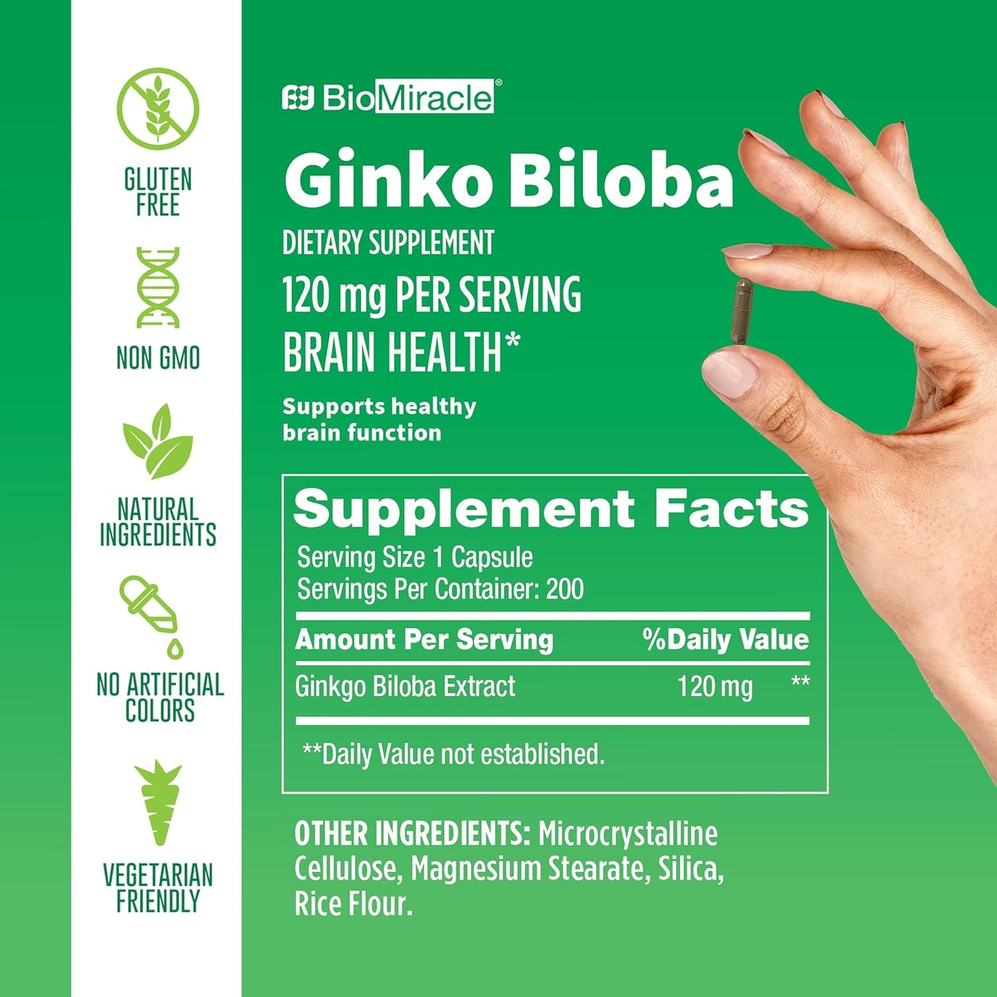BioMiracle Ginkgo Biloba Dietary Supplement 120 mg Per Serving, Brain Health, Supports Healthy Brain Function 180 Capsules