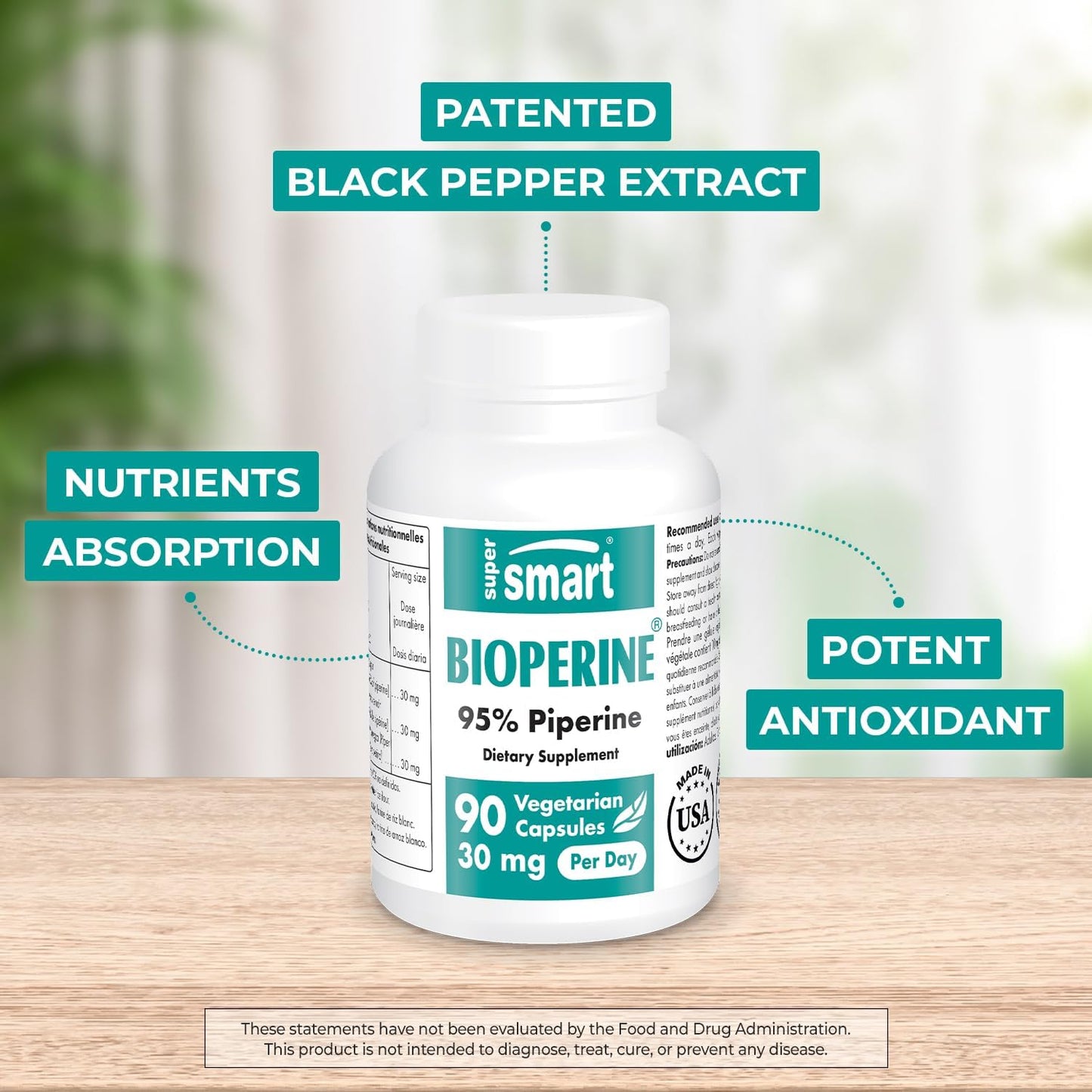 Bioperine 30mg Daily Supplement - Enhanced Nutrient Absorption with Black Pepper Extract - Digestive Enzymes Support - Non-GMO & Gluten Free - 90 Veg Caps