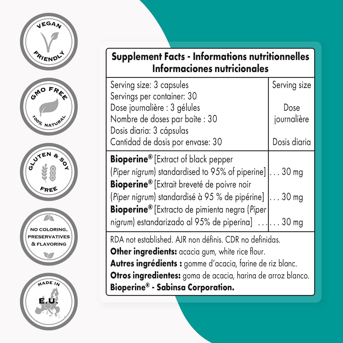 Bioperine 30mg Daily Supplement - Enhanced Nutrient Absorption with Black Pepper Extract - Digestive Enzymes Support - Non-GMO & Gluten Free - 90 Veg Caps