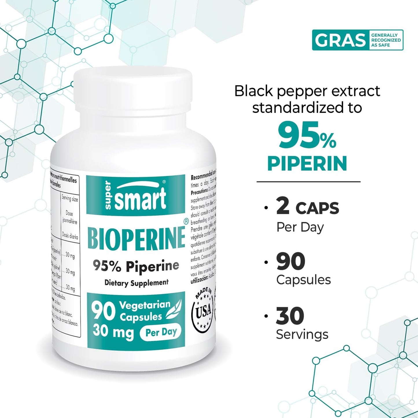 Bioperine 30mg Daily Supplement - Enhanced Nutrient Absorption with Black Pepper Extract - Digestive Enzymes Support - Non-GMO & Gluten Free - 90 Veg Caps