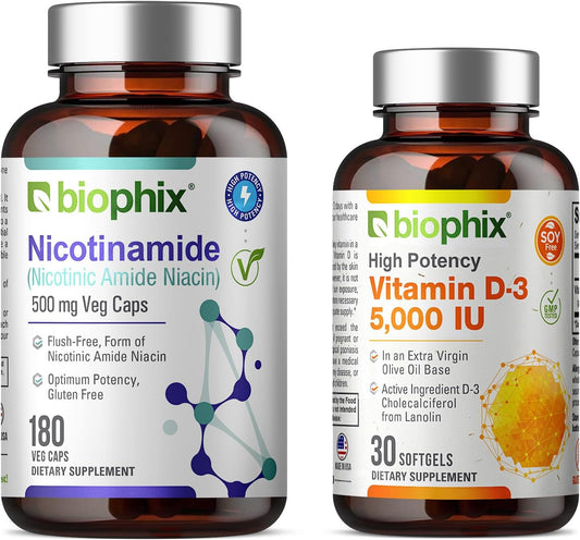 Biophix B-3 Nicotinamide 500mg 180 Vcaps + Free Vitamin D-3 5000 IU 30 Softgels - Natural Flush-Free Niacin Formula for Skin Cell Health