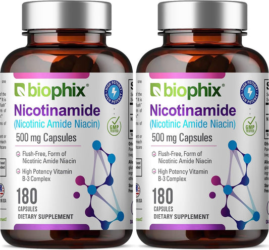 biophix B-3 Nicotinamide 500mg 2 Pack - Natural Flush-Free Niacin Vitamin for Skin Cell Health - 360 Capsules