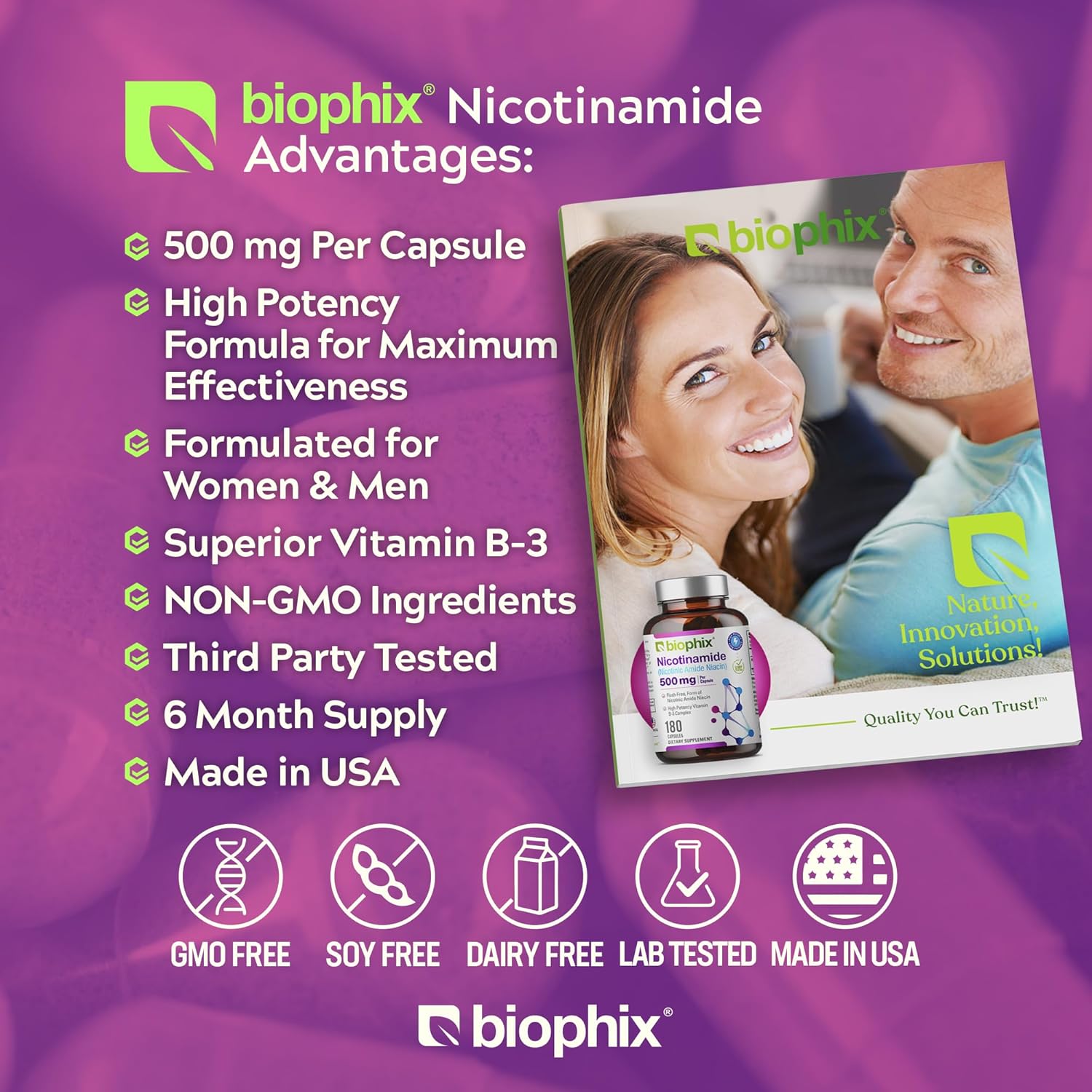 biophix B-3 Nicotinamide 500mg 2 Pack - Natural Flush-Free Niacin Vitamin for Skin Cell Health - 360 Capsules
