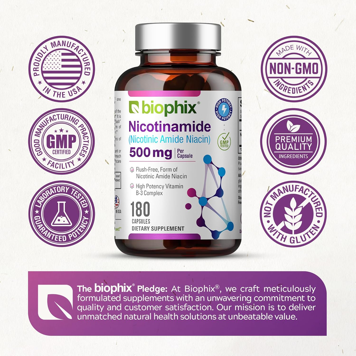 biophix B-3 Nicotinamide 500mg 2 Pack - Natural Flush-Free Niacin Vitamin for Skin Cell Health - 360 Capsules