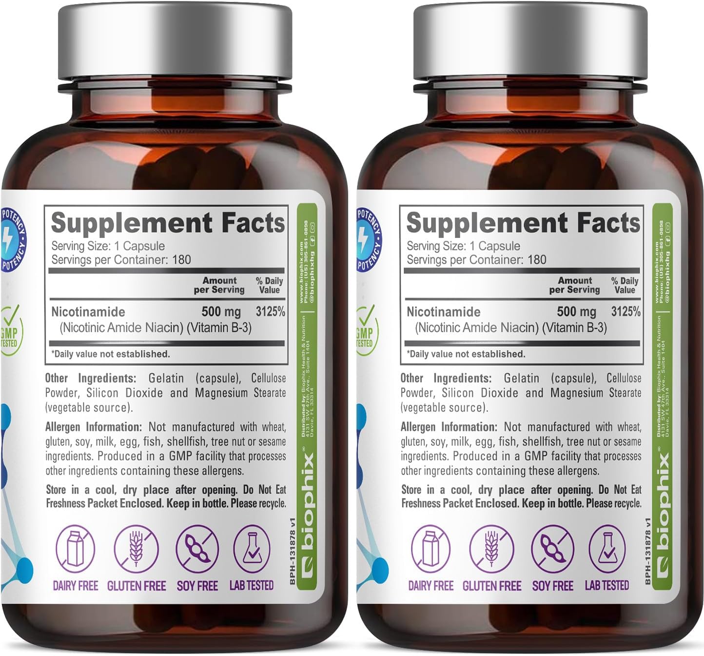 biophix B-3 Nicotinamide 500mg 2 Pack - Natural Flush-Free Niacin Vitamin for Skin Cell Health - 360 Capsules