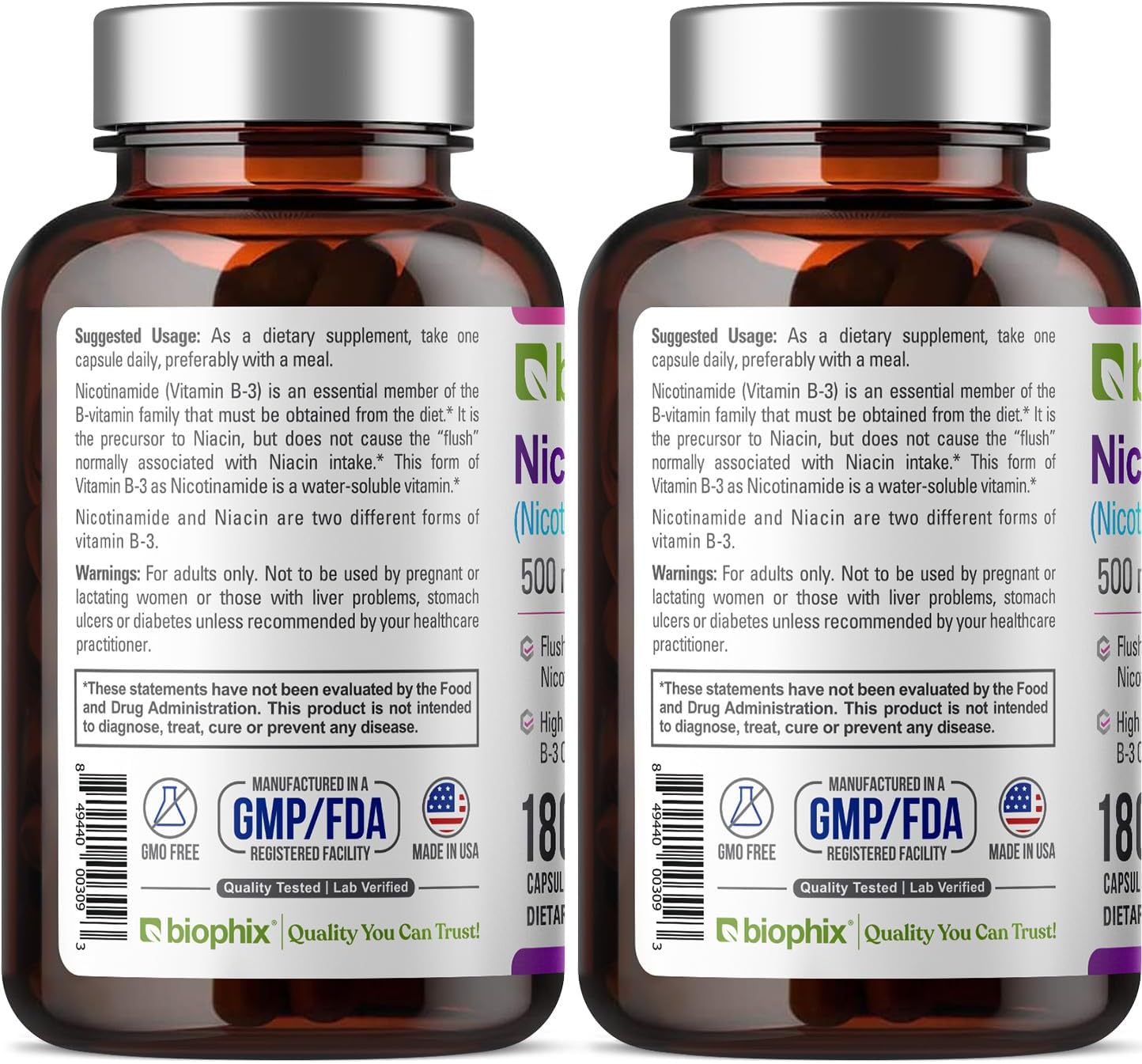 biophix B-3 Nicotinamide 500mg 2 Pack - Natural Flush-Free Niacin Vitamin for Skin Cell Health - 360 Capsules