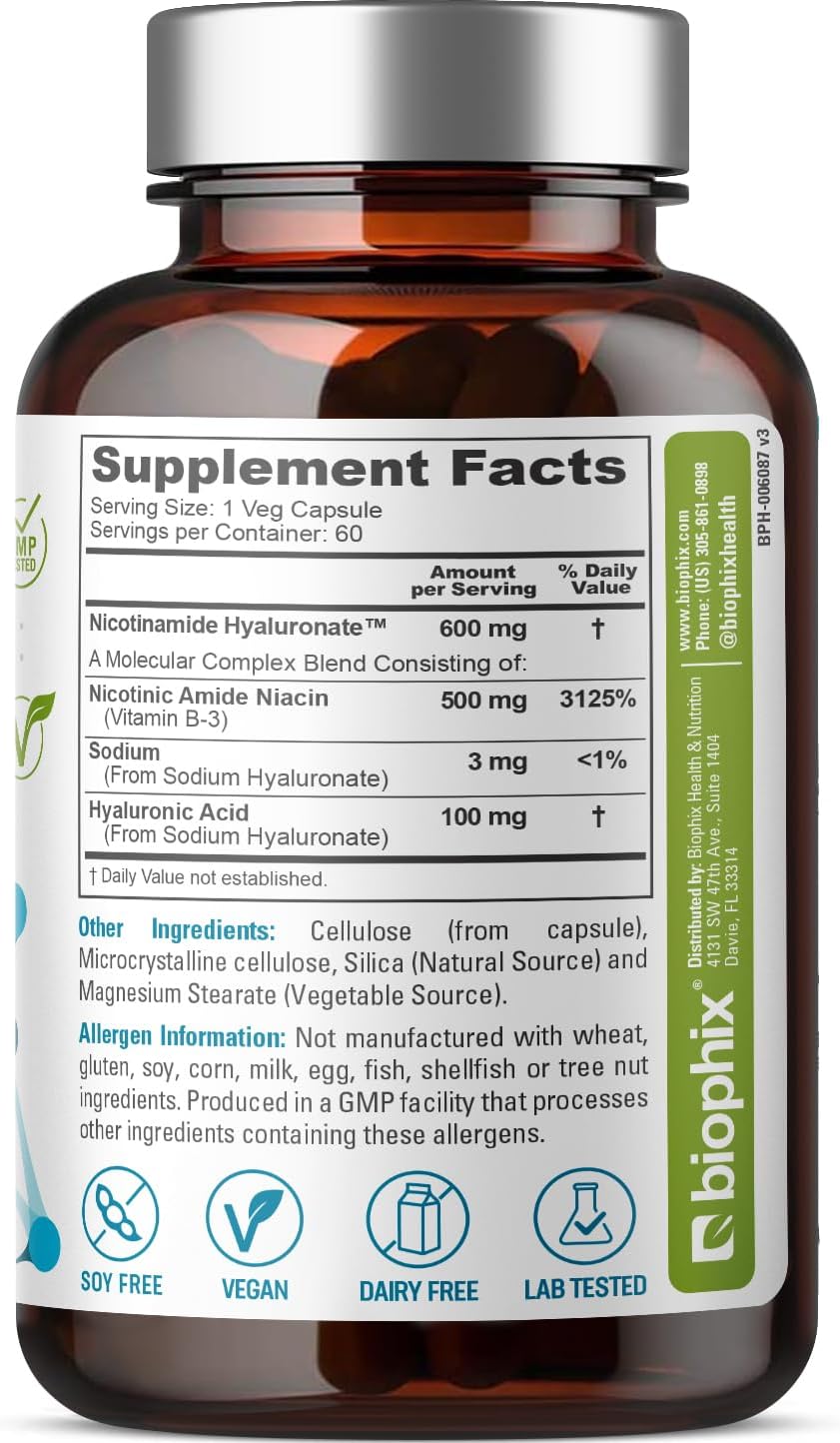 biophix B-3 Nicotinamide Hyaluronate 600 mg 60 Vcaps - Hyaluronic Acid Skin Cell Health Support