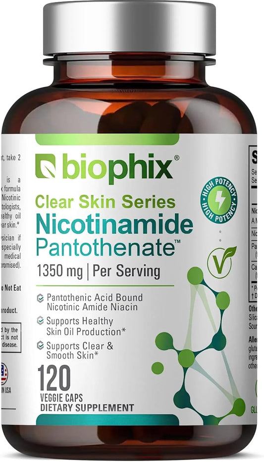 Biophix Clear Skin Series B-3 Nicotinamide Pantothenate 1350mg Vcaps - Supports Skin Cell Health with B5 Pantothenic Acid - Niacinamide Niacin