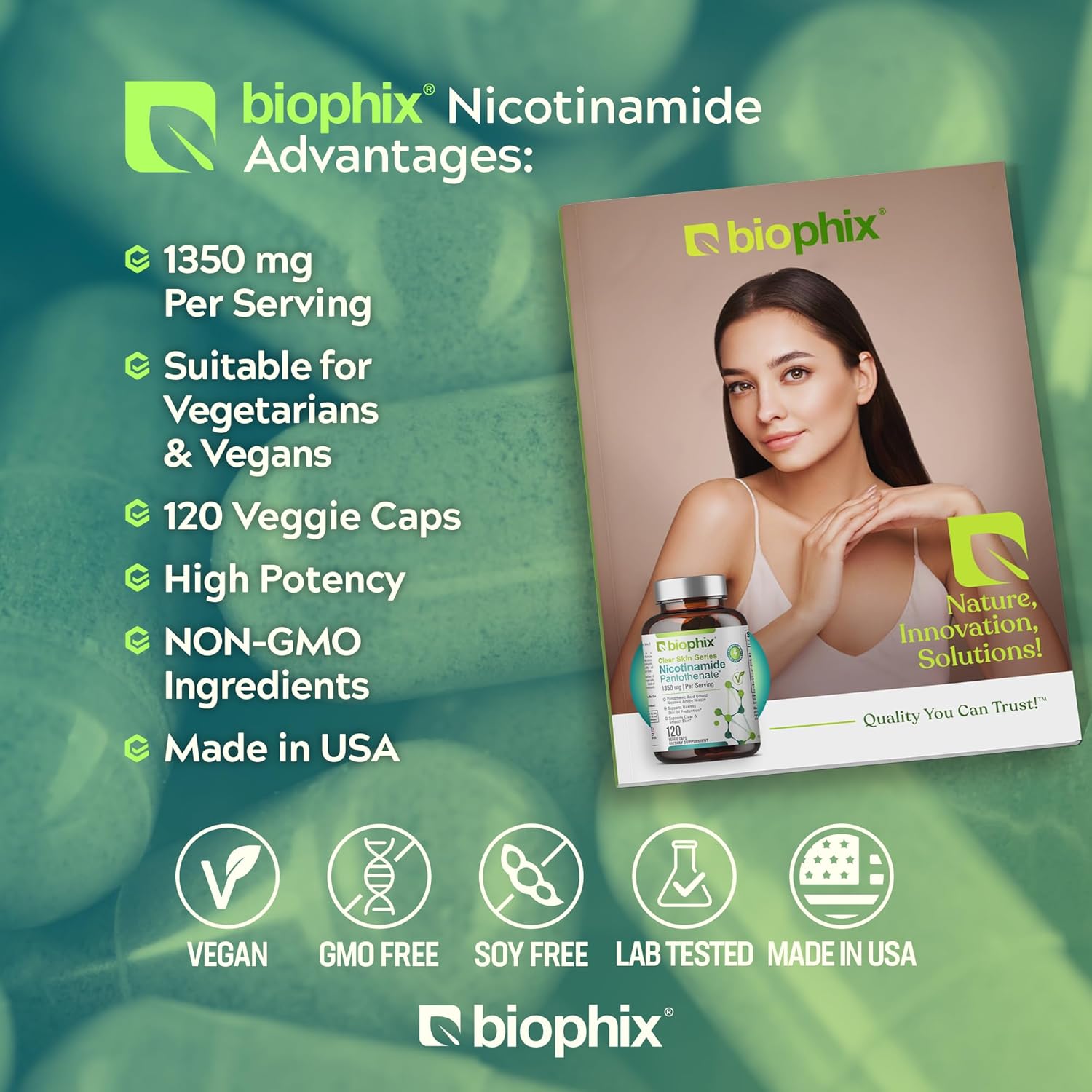 Biophix Clear Skin Series B-3 Nicotinamide Pantothenate 1350mg Vcaps - Supports Skin Cell Health with B5 Pantothenic Acid - Niacinamide Niacin