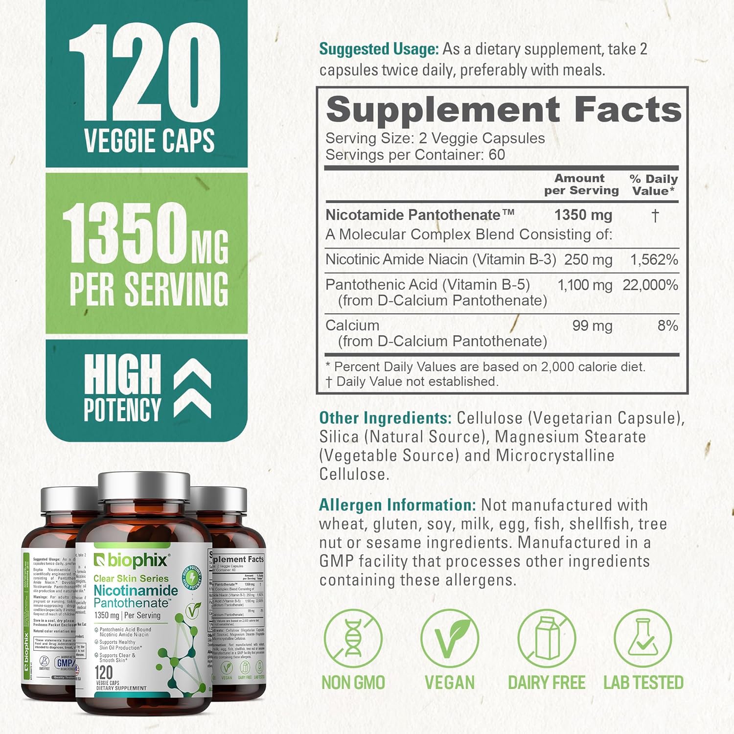 Biophix Clear Skin Series B-3 Nicotinamide Pantothenate 1350mg Vcaps - Supports Skin Cell Health with B5 Pantothenic Acid - Niacinamide Niacin