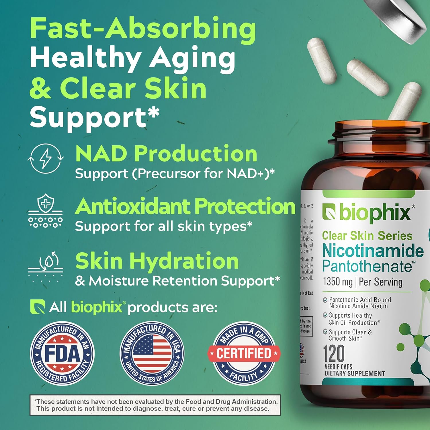 Biophix Clear Skin Series B-3 Nicotinamide Pantothenate 1350mg Vcaps - Supports Skin Cell Health with B5 Pantothenic Acid - Niacinamide Niacin