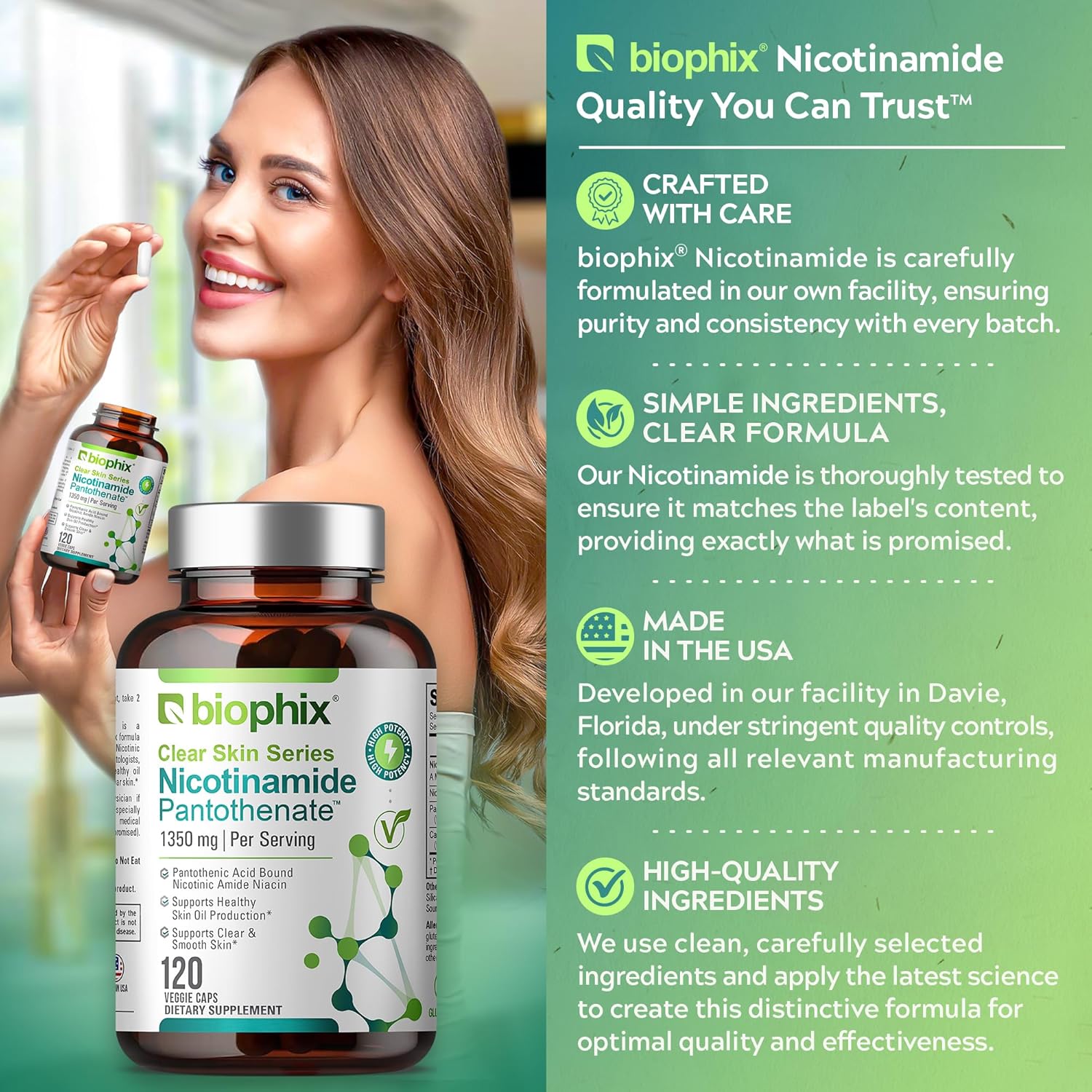 Biophix Clear Skin Series B-3 Nicotinamide Pantothenate 1350mg Vcaps - Supports Skin Cell Health with B5 Pantothenic Acid - Niacinamide Niacin