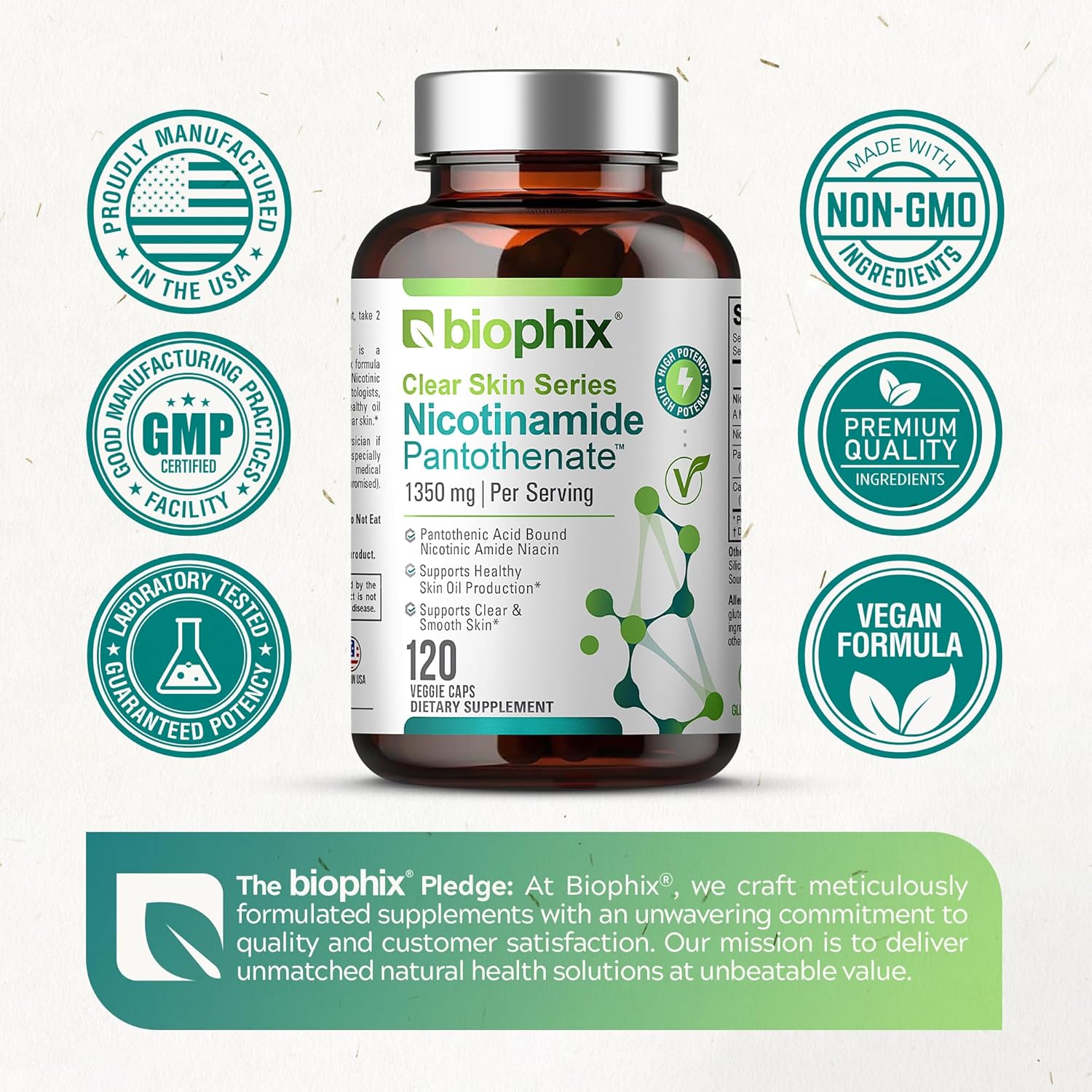 Biophix Clear Skin Series B-3 Nicotinamide Pantothenate 1350mg Vcaps - Supports Skin Cell Health with B5 Pantothenic Acid - Niacinamide Niacin