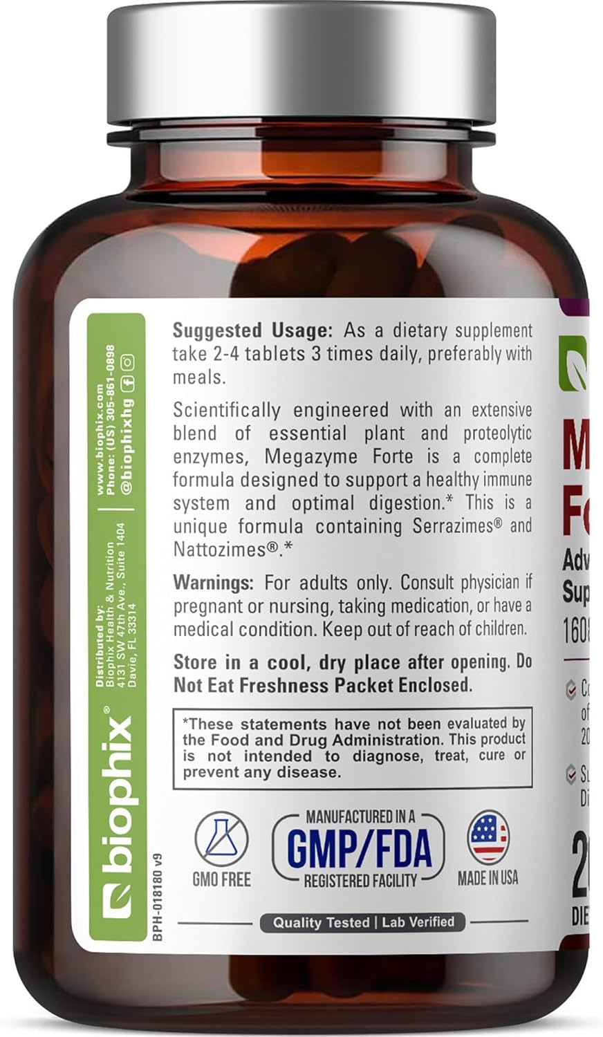 biophix Megazyme Forte 200 Tablets - Plant-Based Enzymes for Digestive and Immune Support
