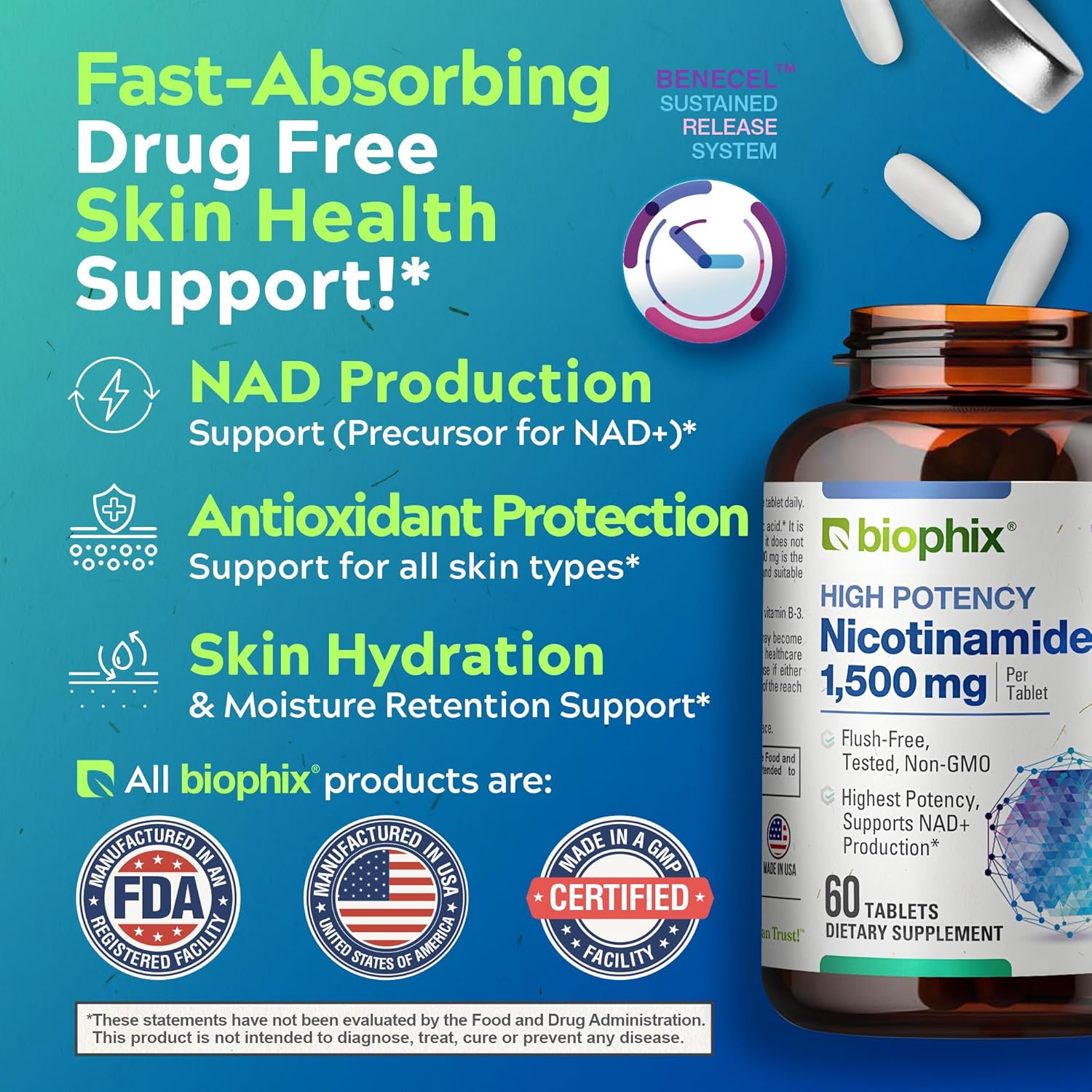 biophix Nicotinamide 1500 mg Tablets - Maximum Strength Niacin Formula for Skin Cell Health