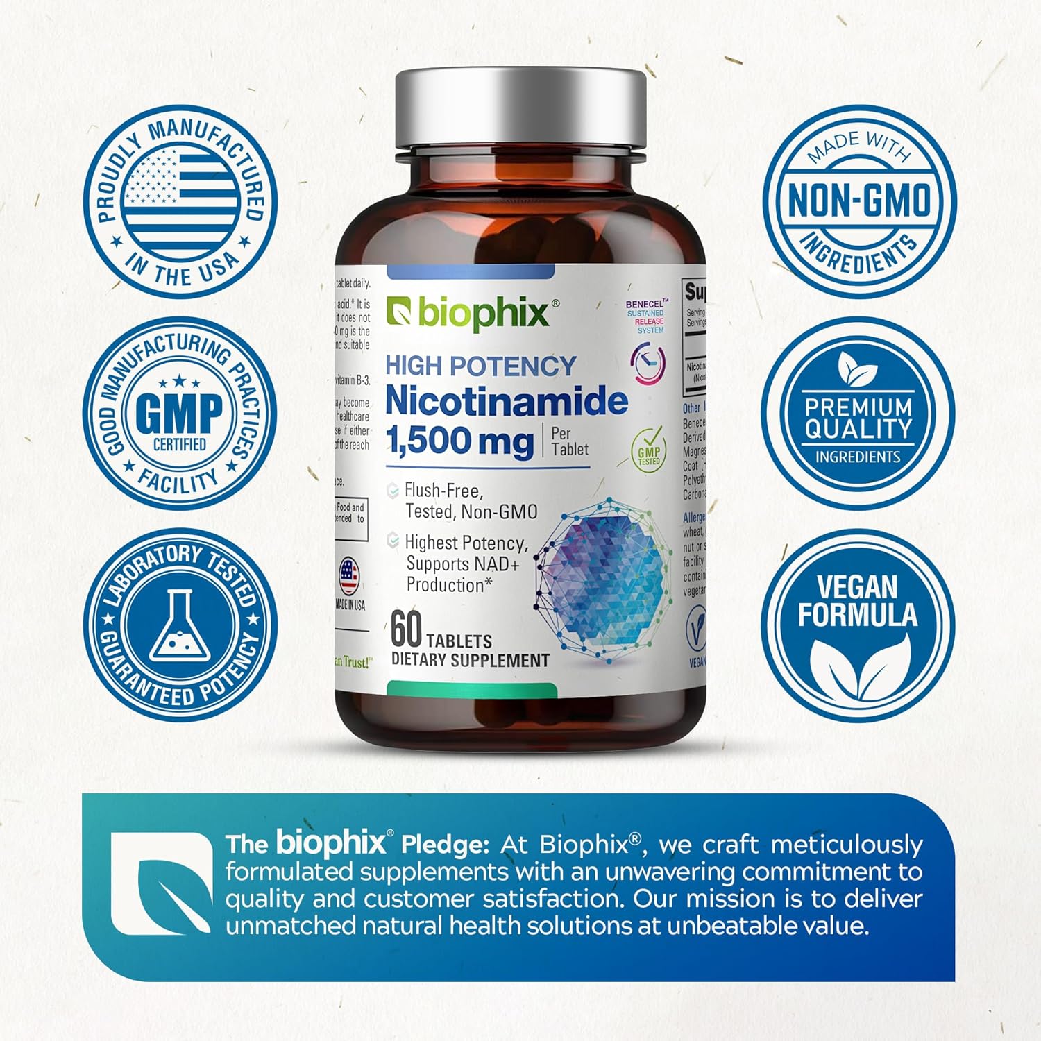 biophix Nicotinamide 1500 mg Tablets - Maximum Strength Niacin Formula for Skin Cell Health