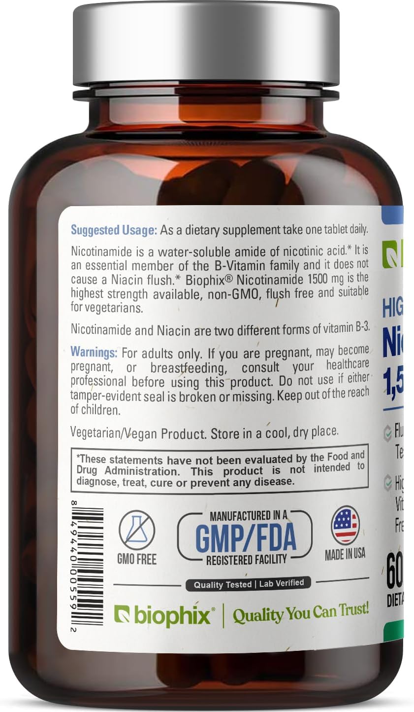biophix Nicotinamide 1500 mg Tablets - Maximum Strength Niacin Formula for Skin Cell Health