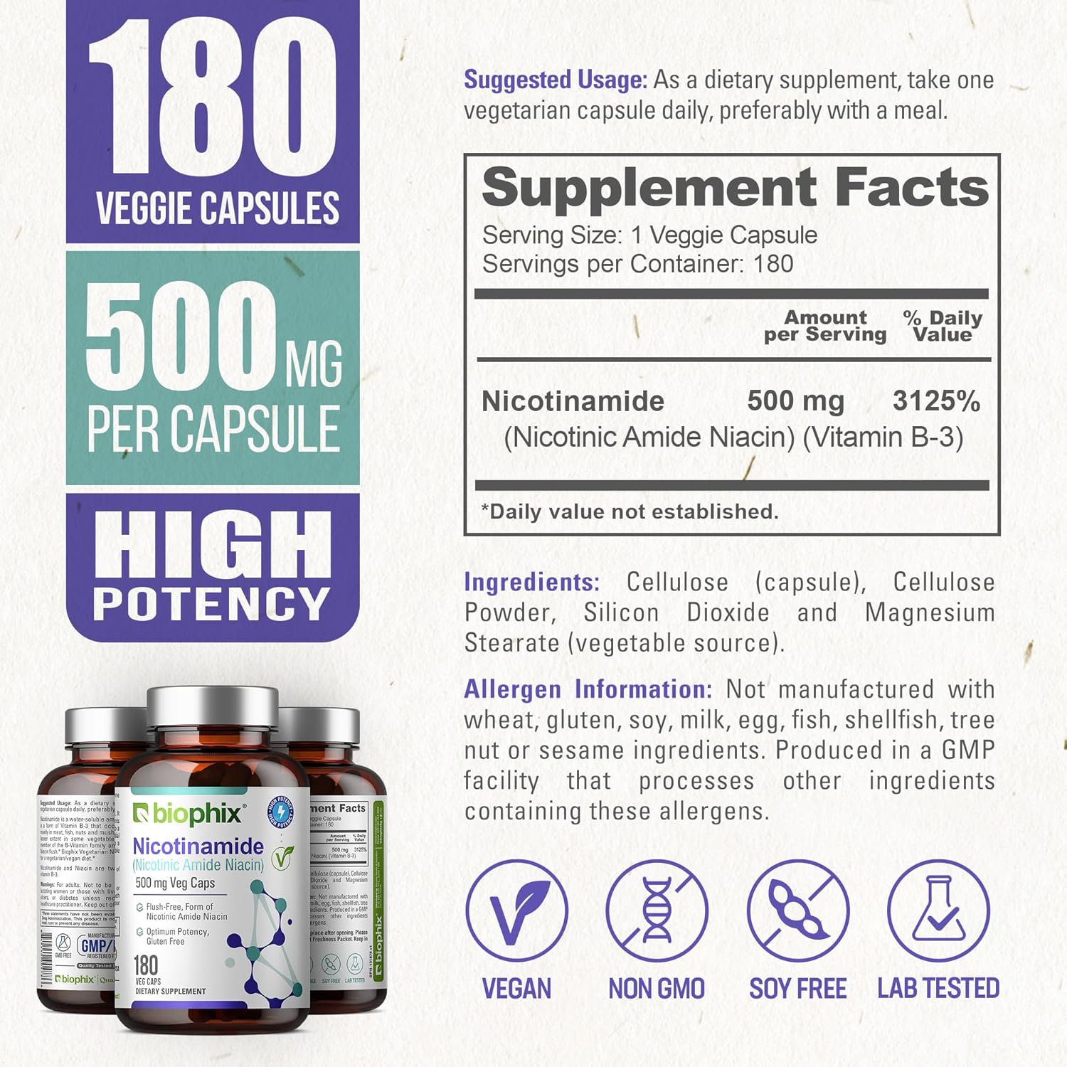 Biophix Nicotinamide 500mg 180 Vcaps - Natural Niacinamide Vitamin for Skin Cell Health