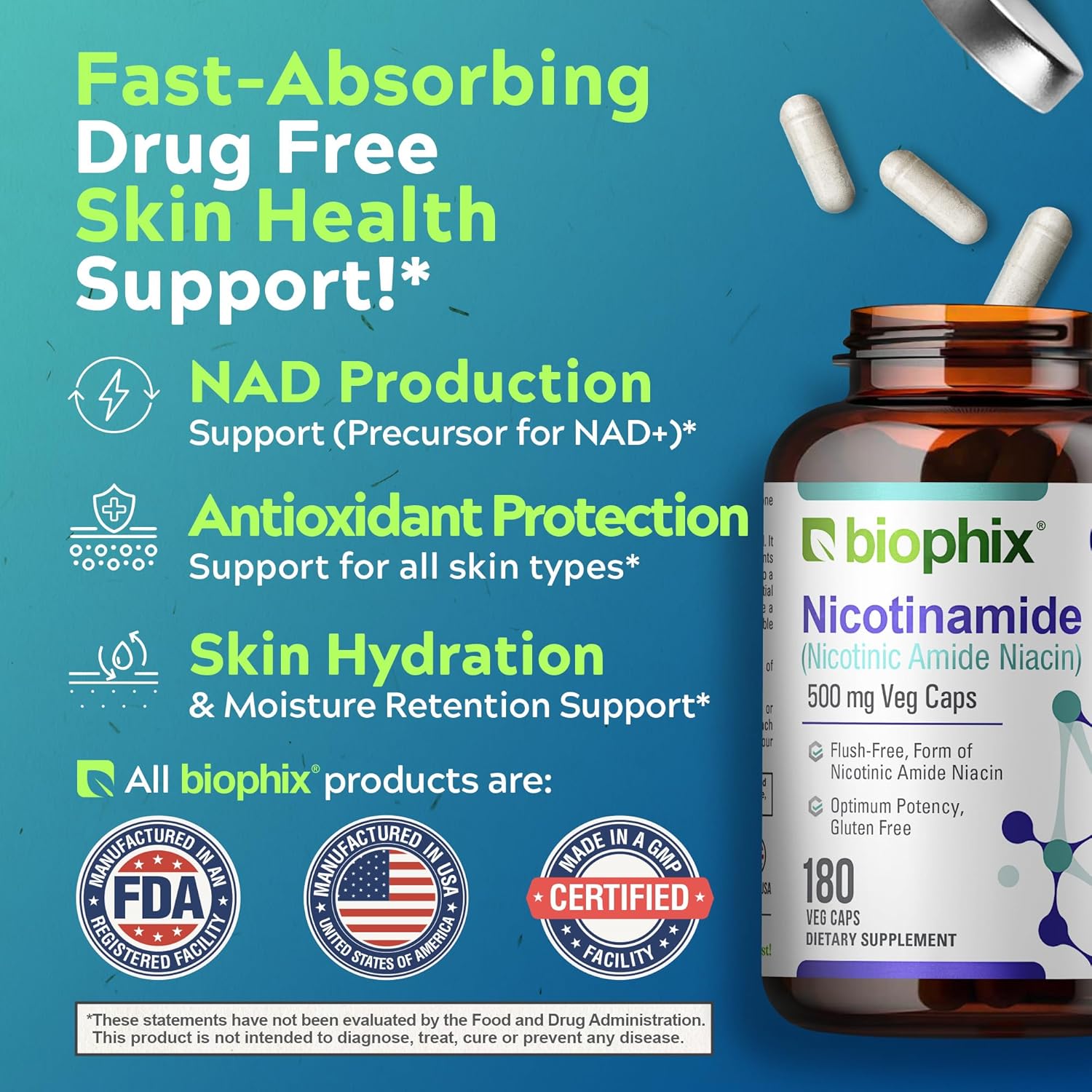 Biophix Nicotinamide 500mg 180 Vcaps - Natural Niacinamide Vitamin for Skin Cell Health