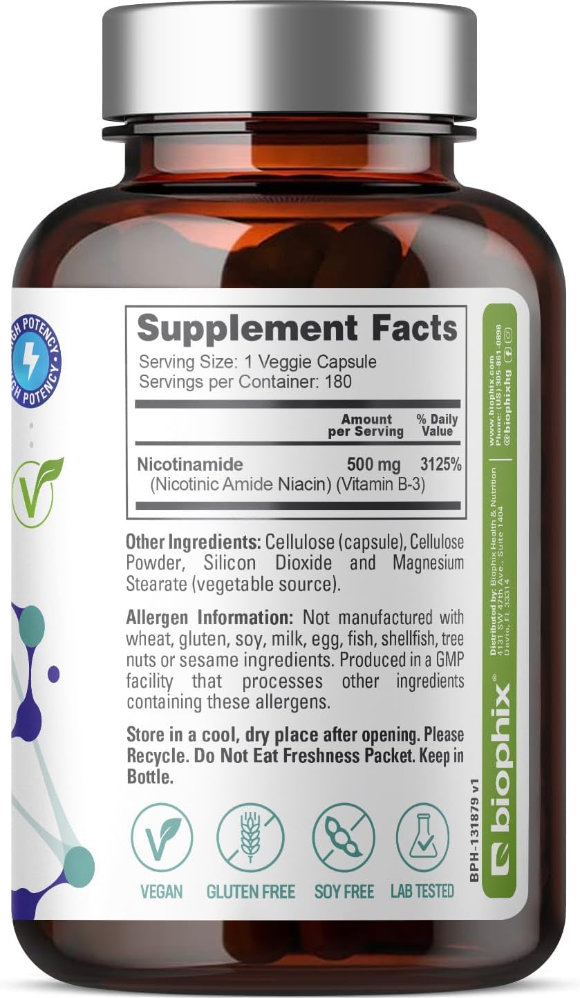Biophix Nicotinamide 500mg 180 Vcaps - Natural Niacinamide Vitamin for Skin Cell Health