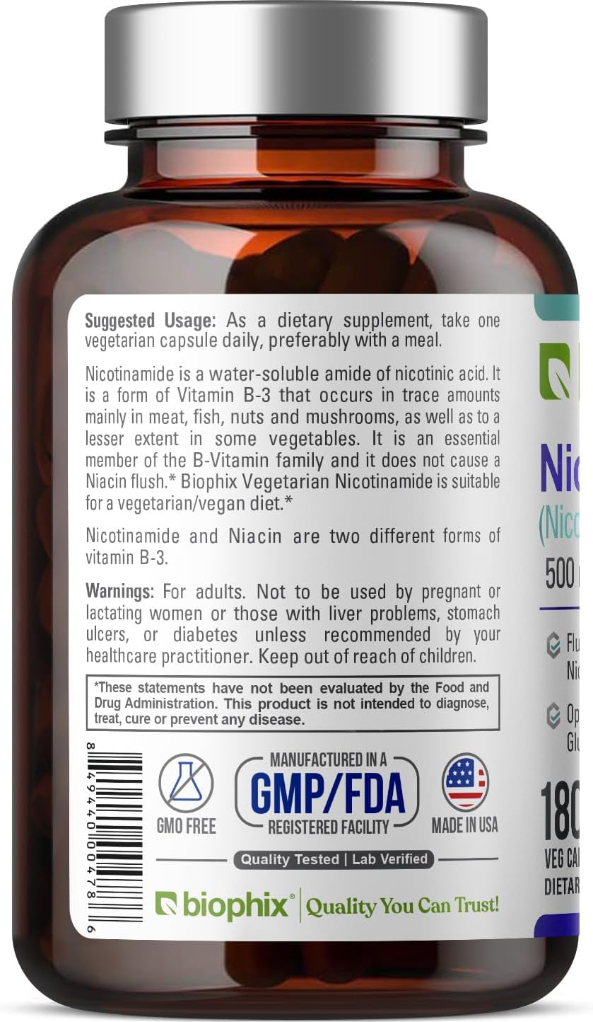 Biophix Nicotinamide 500mg 180 Vcaps - Natural Niacinamide Vitamin for Skin Cell Health
