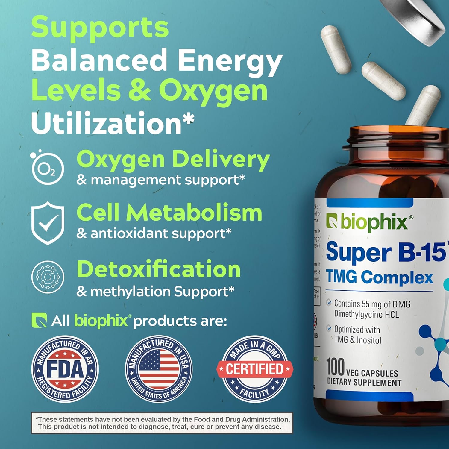 biophix Super B-15 Vcaps - Niacin Calcium Choline Inositol DMG TMG - Boosts Oxygen Energy for Health