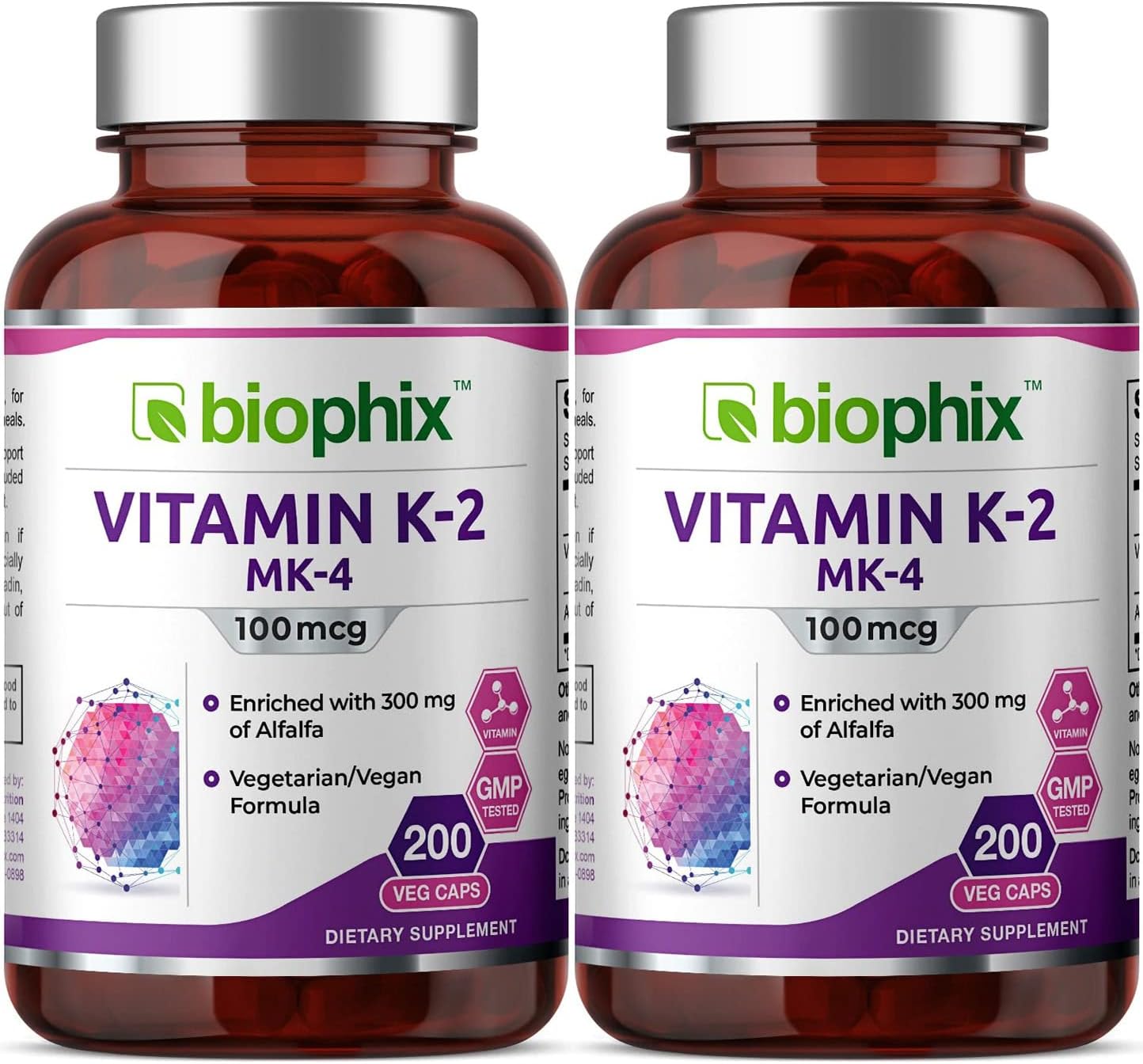 Biophix Vitamin K2 MK-4 100mcg 200 Capsules with Alfalfa - 2 Pack for Bone and Immune Health