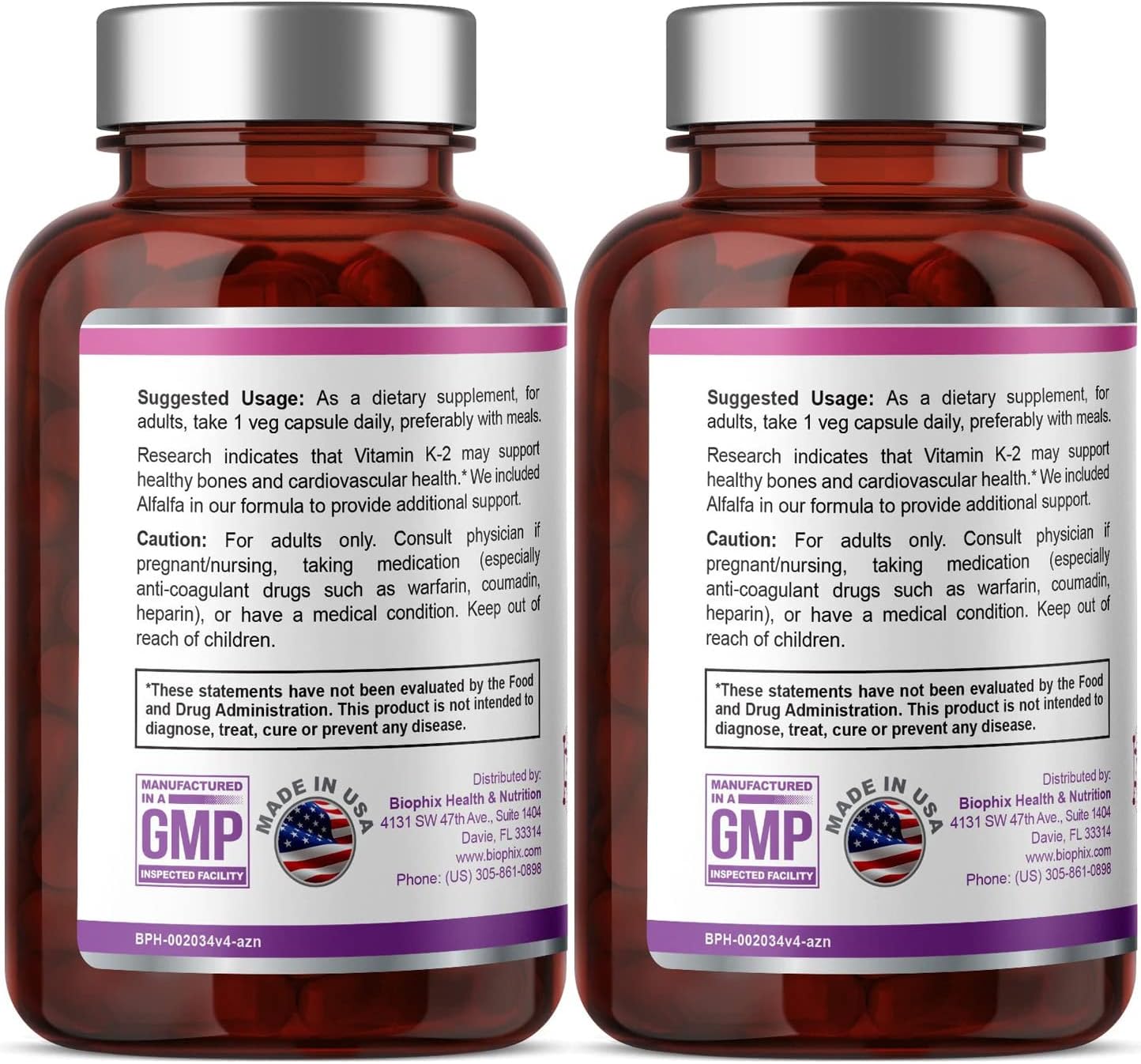 Biophix Vitamin K2 MK-4 100mcg 200 Capsules with Alfalfa - 2 Pack for Bone and Immune Health