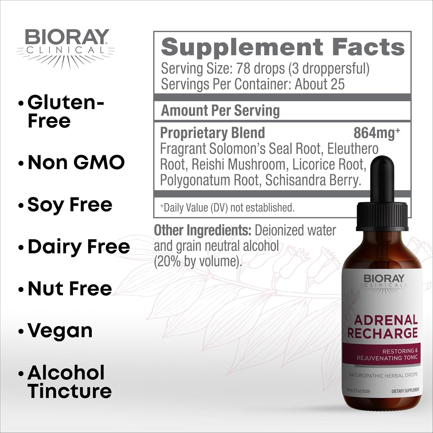 BIORAY Clinical Adrenal Recharge Tincture - 2 fl oz - Restores & Revitalizes - Non-GMO, Vegan, Gluten Free