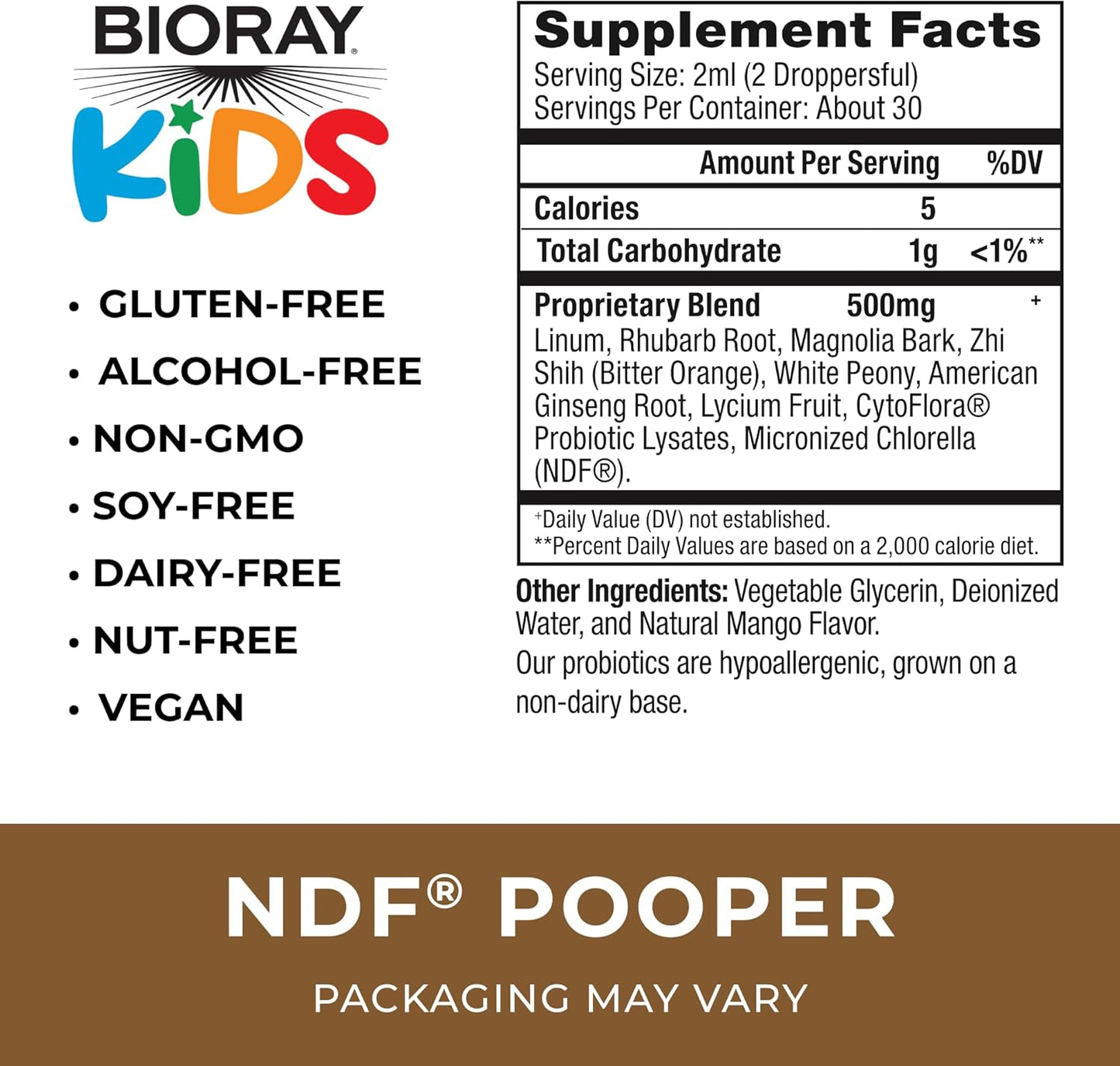 Bioray Kids NDF Pooper Mango Liquid Supplement 2 fl oz - Natural Bowel Mover for Children - Non-GMO, Vegan, Gluten-Free - 30 Servings - BoostGo Australia