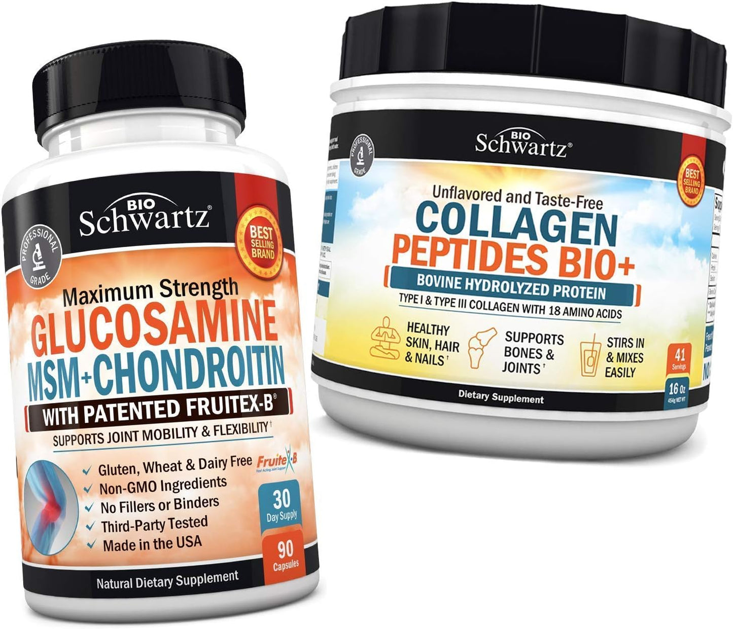BioSchwartz Collagen Peptides Powder for Healthy Bone & Joint Support - Glucosamine, Chondroitin, MSM - Promotes Flexibility & Supports Cartilage