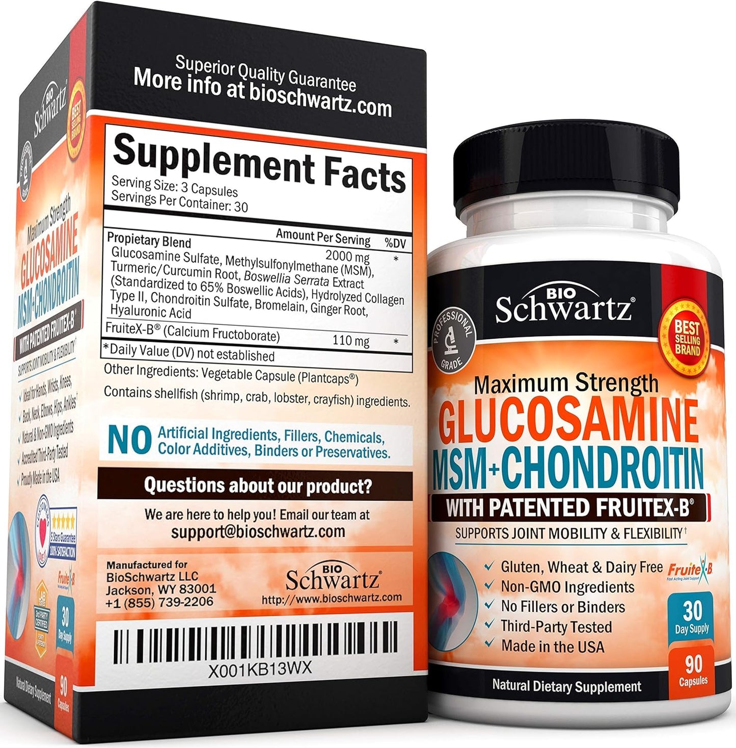 BioSchwartz Collagen Peptides Powder for Healthy Bone & Joint Support - Glucosamine, Chondroitin, MSM - Promotes Flexibility & Supports Cartilage