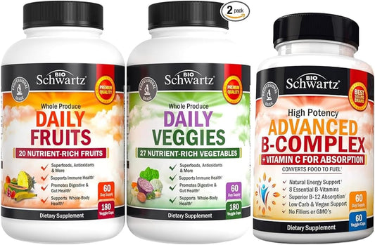 BioSchwartz Daily Fruits and Veggies Supplement + Vitamin B Complex & C (4 Month Supply) for Men and Women