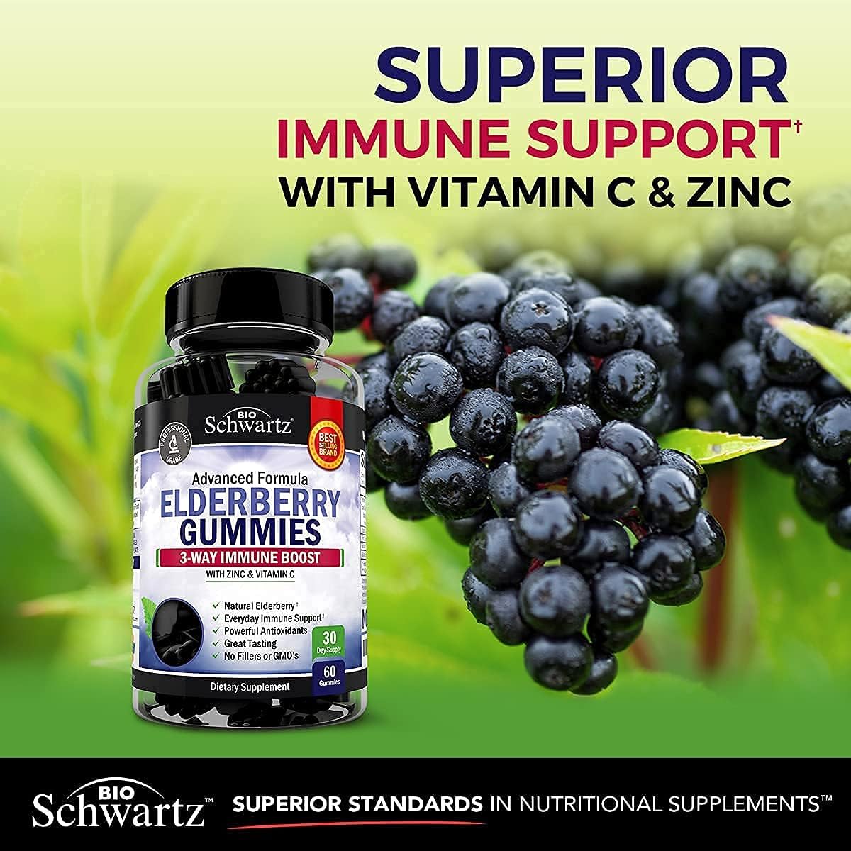 BioSchwartz Elderberry Gummies with Zinc, Vitamin C, and D3 - Immune Support Bundle (1 Mo + 1 Yr Supply)