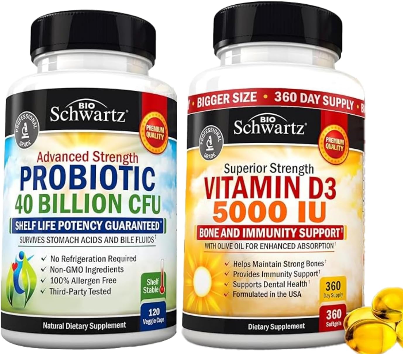 BioSchwartz High Strength Vitamin D3 5000 IU 125 mcg with Daily Probiotic Supplement - 1 Year and 2 Month Supply