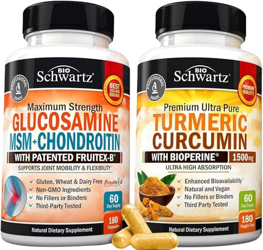 BioSchwartz Joint Support Supplement Bundle: Glucosamine Chondroitin MSM Triple Strength + Turmeric Curcumin Complex