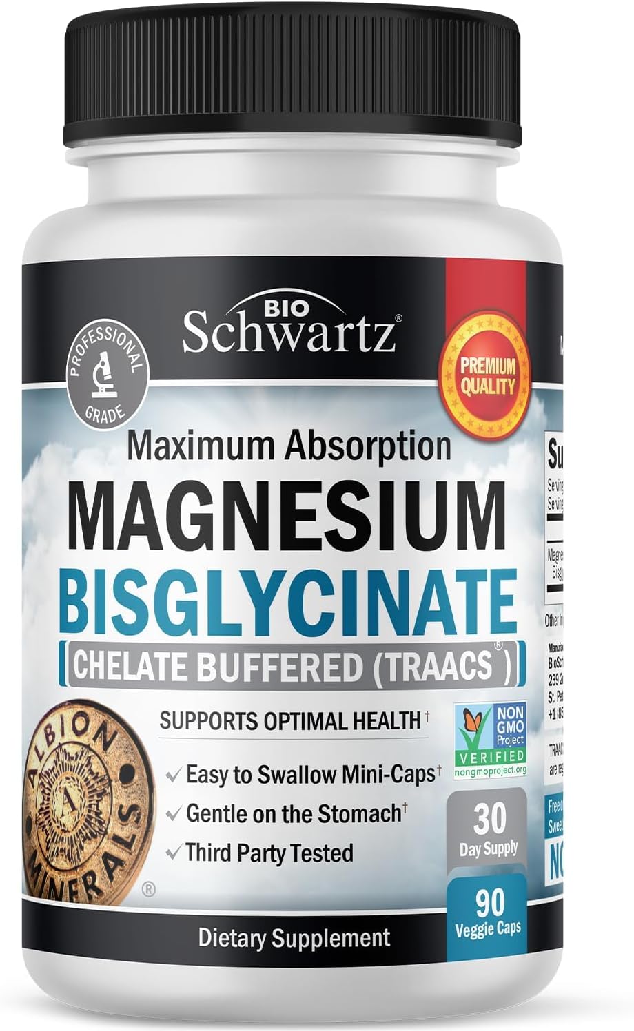 BioSchwartz Magnesium Bisglycinate Chelate Capsules - Maximum Absorption & Bioavailability, Non-Laxative, Healthy Energy Support - Non-GMO - 90 ct