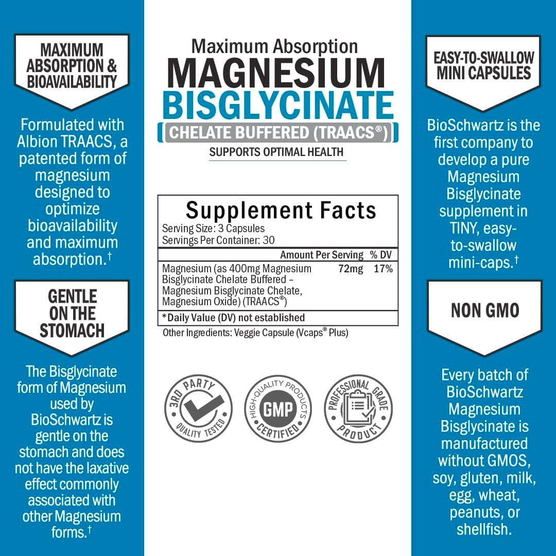 BioSchwartz Magnesium Bisglycinate Chelate Capsules - Maximum Absorption & Bioavailability, Non-Laxative, Healthy Energy Support - Non-GMO - 90 ct