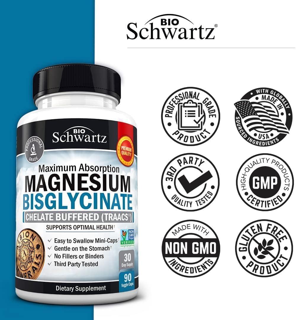 BioSchwartz Magnesium Bisglycinate Chelate Capsules - Maximum Absorption & Bioavailability, Non-Laxative, Healthy Energy Support - Non-GMO - 90 ct