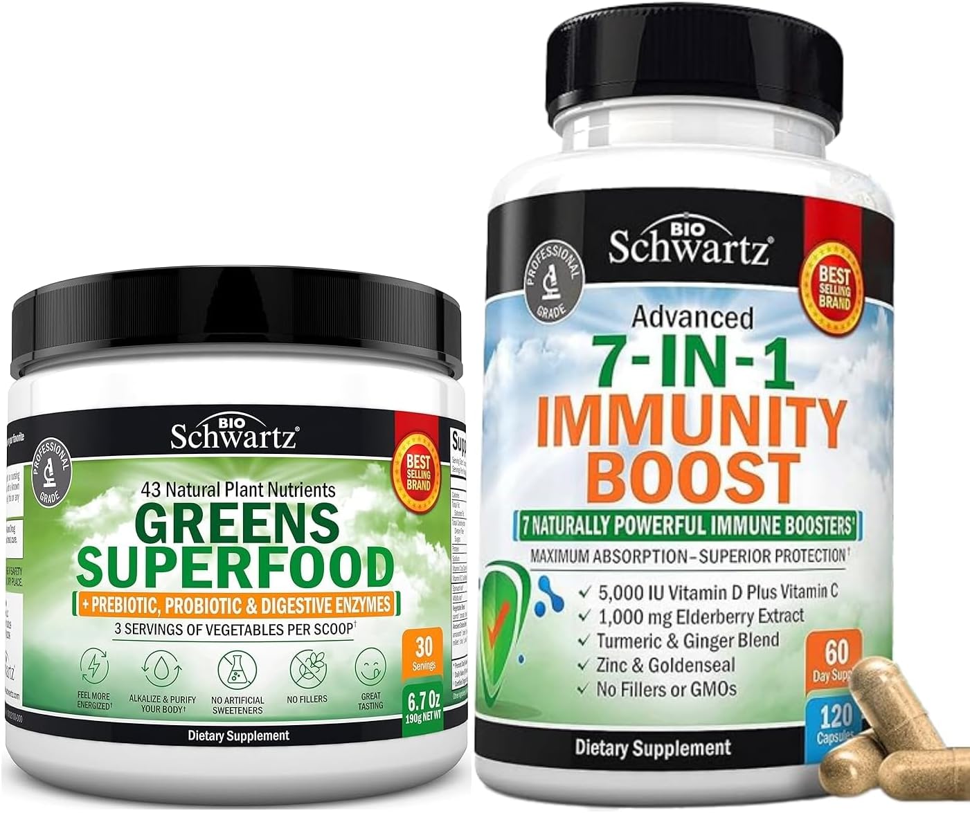 BioSchwartz Super Greens Powder with Probiotics, Prebiotics, Digestive Enzymes, and Antioxidants - 7 in 1 Immune Support Supplement (2 Month Supply, 30 Servings)