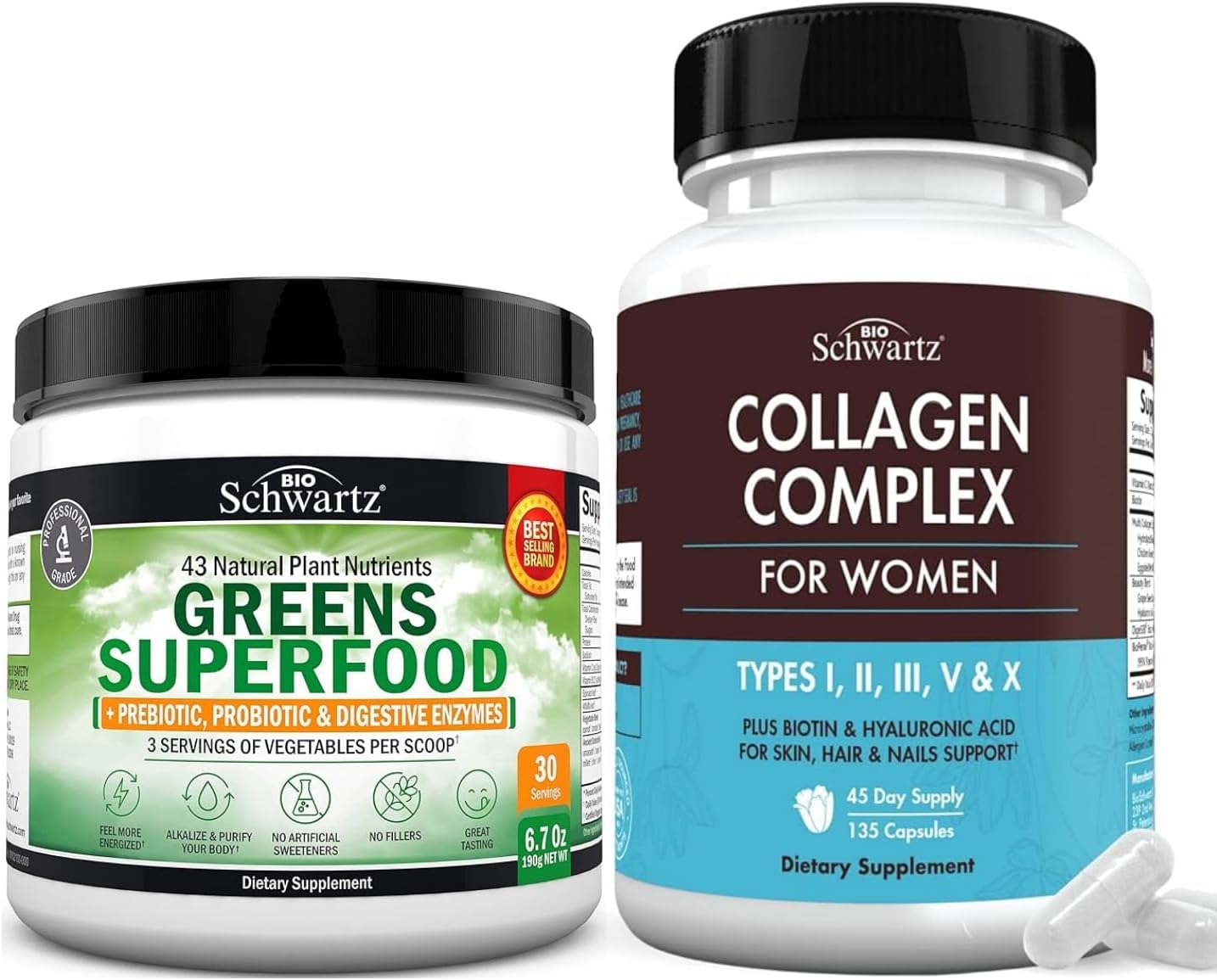 BioSchwartz Super Greens Powder with Probiotics, Prebiotics, Digestive Enzymes, and Hydrolyzed Collagen Peptide Capsules - Complete Wellness Bundle for 30 Servings.