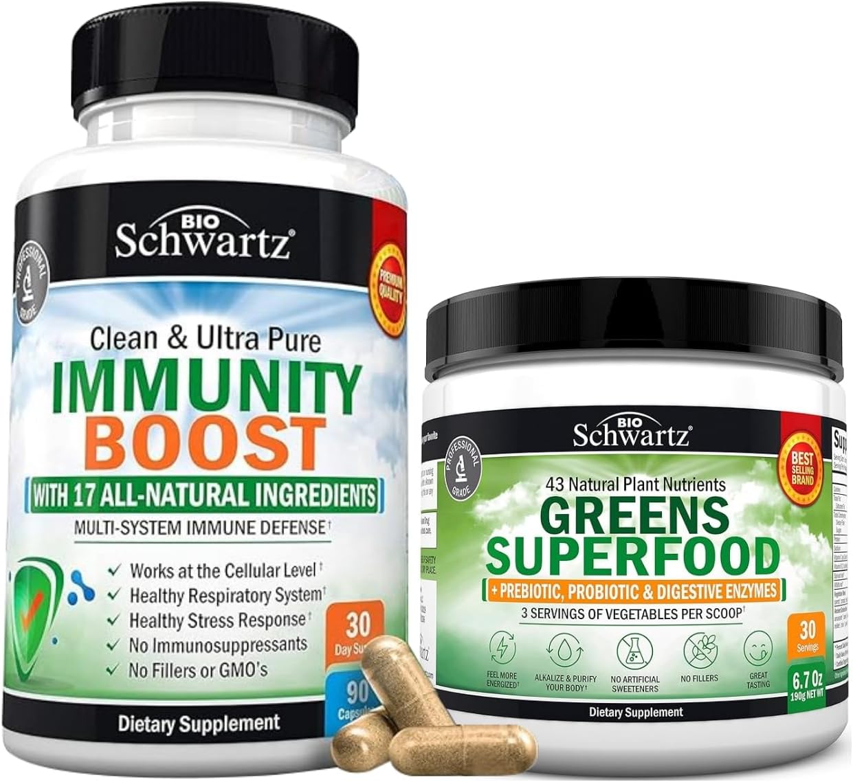 BioSchwartz Super Greens Powder with Probiotics, Prebiotics, Digestive Enzymes, and Immune Support (30 Servings) - Antioxidant-Rich Formula (1 Month Supply)