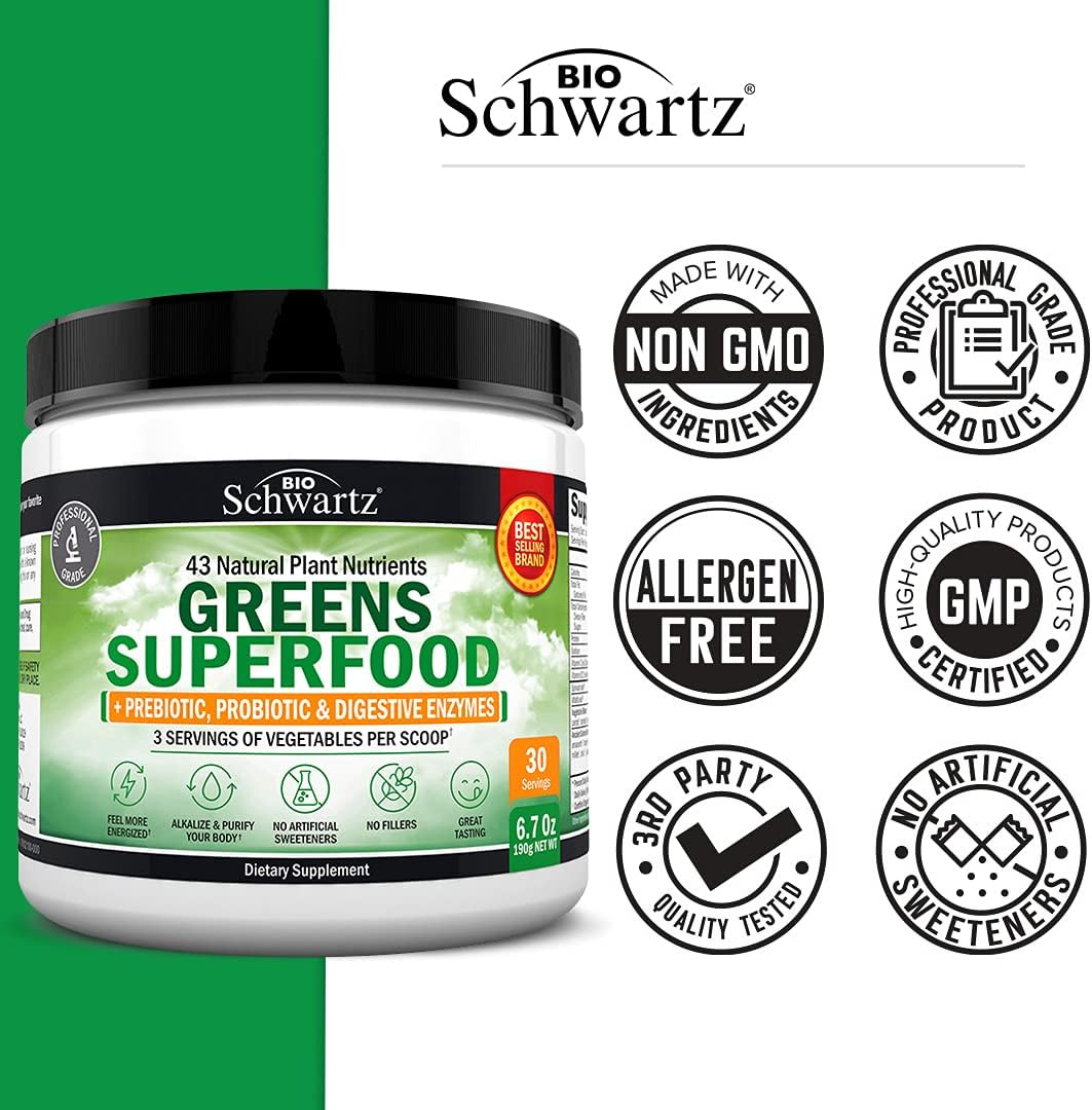 BioSchwartz Super Greens Powder with Probiotics, Prebiotics, Digestive Enzymes, and Hydrolyzed Collagen Peptide Capsules - Complete Wellness Bundle for 30 Servings.
