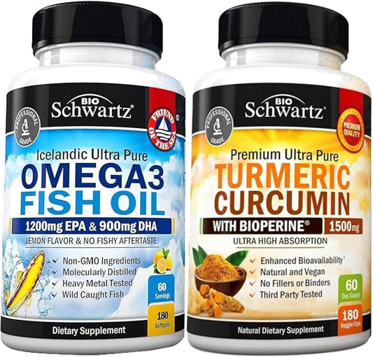 BioSchwartz Triple Strength Omega 3 Fish Oil Softgels & Turmeric Curcumin Capsules - 2 Month Supply
